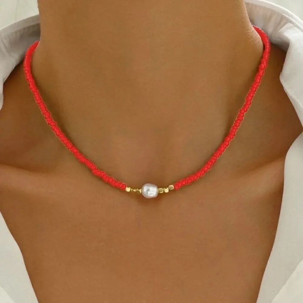 Red Beaded Necklace with Pearl Accent A1510